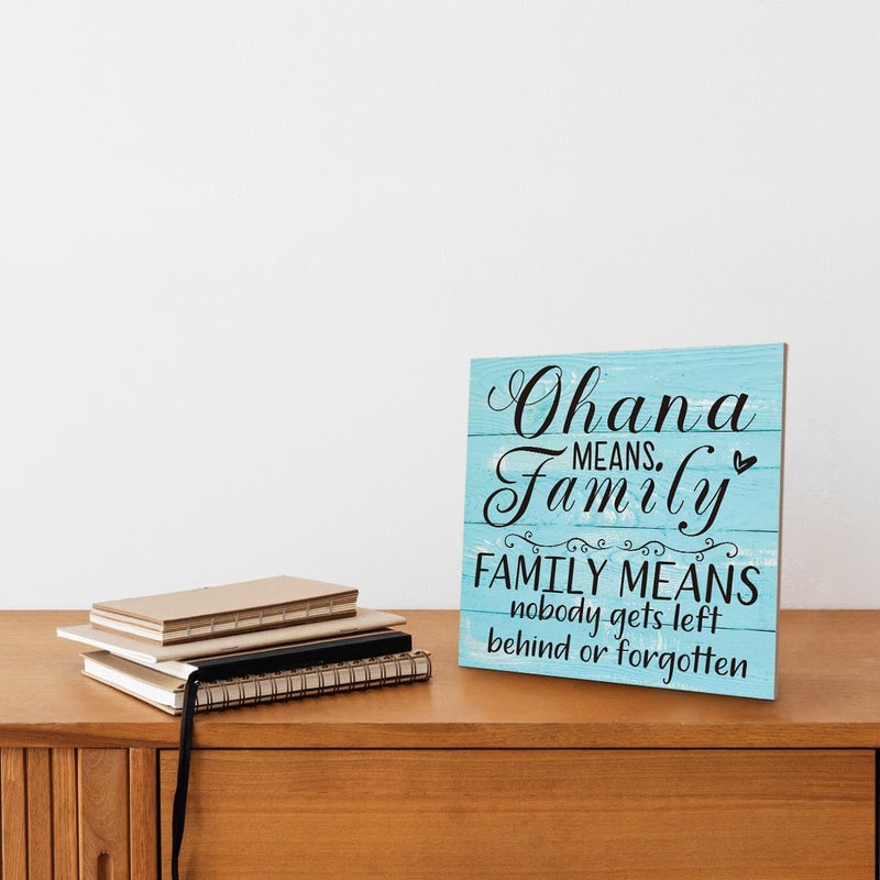 SUSZDOU Family Wooden Plaque, “Family Means Nobody Gets Left Behind or Forgotten”, 6.2x6.2 Inch Table Art Sign, Farmhouse Quote Decor for Living Room or Home Tabletop E - Image 4